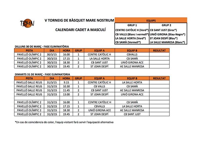 Horaris cadet masculi